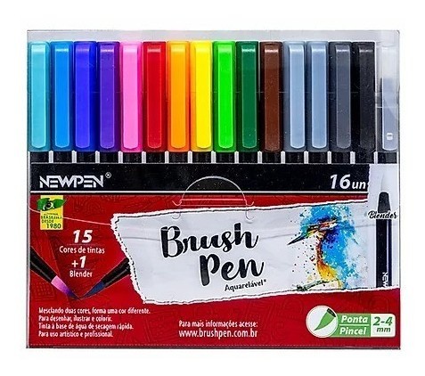 Caneta brush 15 cores aquarelável + blender New Pen