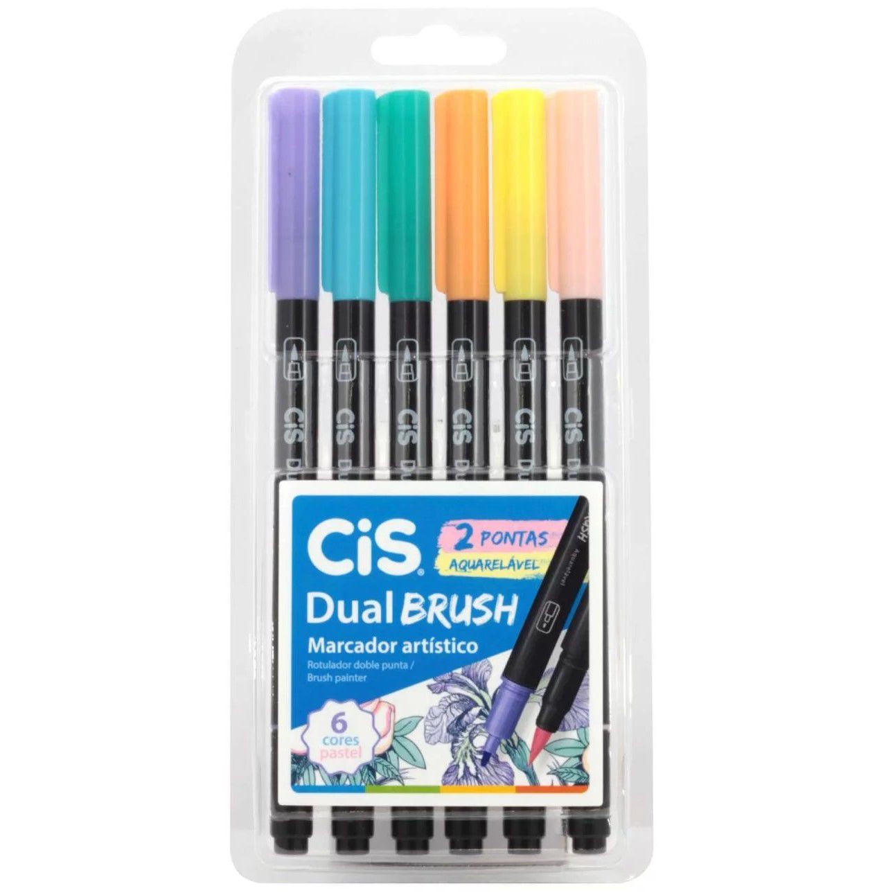 Caneta dual brush 6 cores pastel Cis