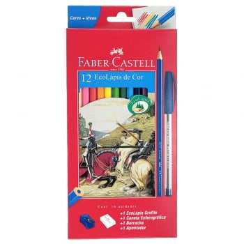 Lápis de cor 12 cores + 1 lápis grafite + 1 caneta esferográfica +borracha + apontador Faber-Castell
